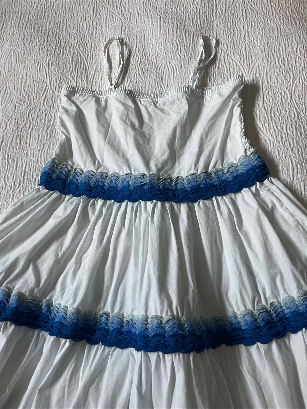 Oliphant White Cotton Maxi Dress with Blue Ric Rac Trim, Size Medium - Picture 2 of 10